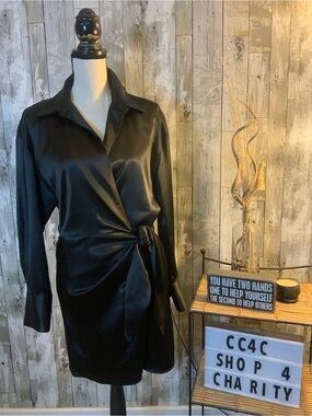 Women's Black Satin Wrap Mini Dress with Tie Waist